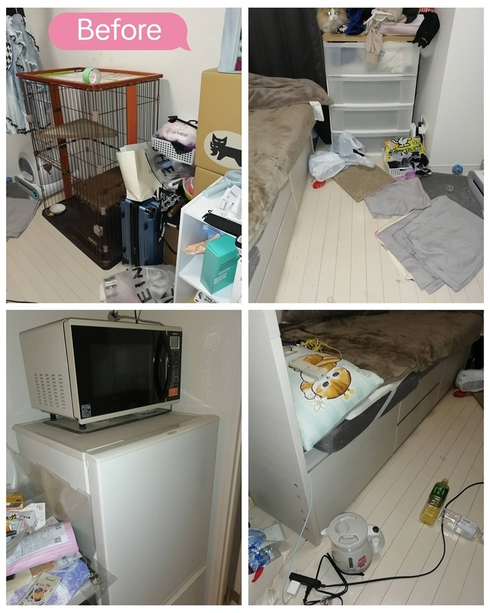 足立区綾瀬の引っ越しに伴った不用品回収ビフォー (ベッド・布団・衣装ケース・猫のケージ・冷蔵庫・電子レンジ)