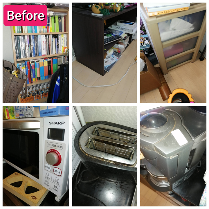 荒川区西尾久の引っ越しに伴った不用品回収ビフォー①(本棚・テレビ台・収納ケース・トースター・コーヒーメーカー・電子レンジなど)